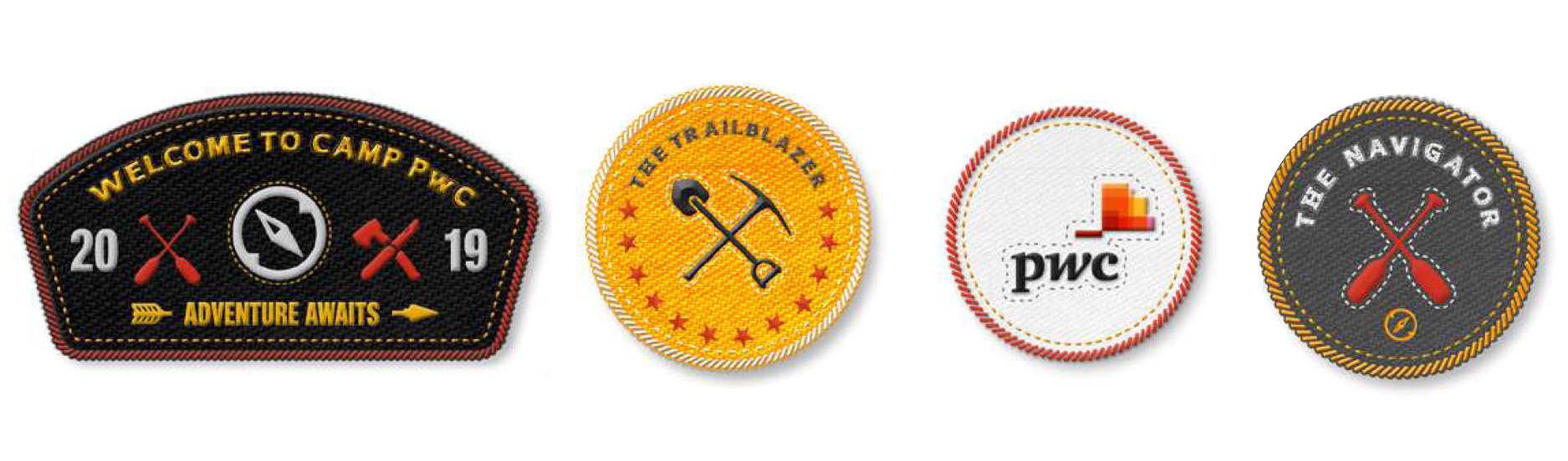Camp PwC merit badge collection — left half