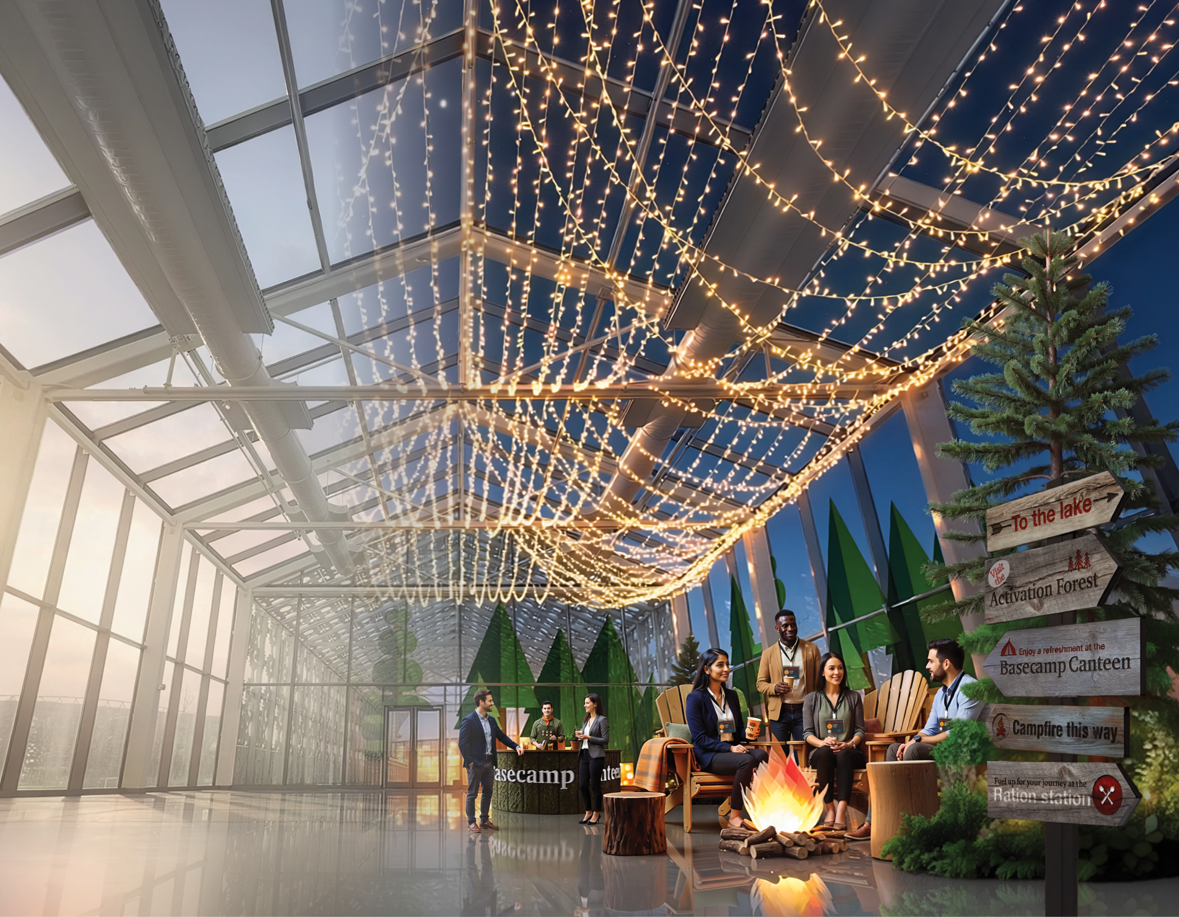 Event concept render of Camp PwC venue transformation