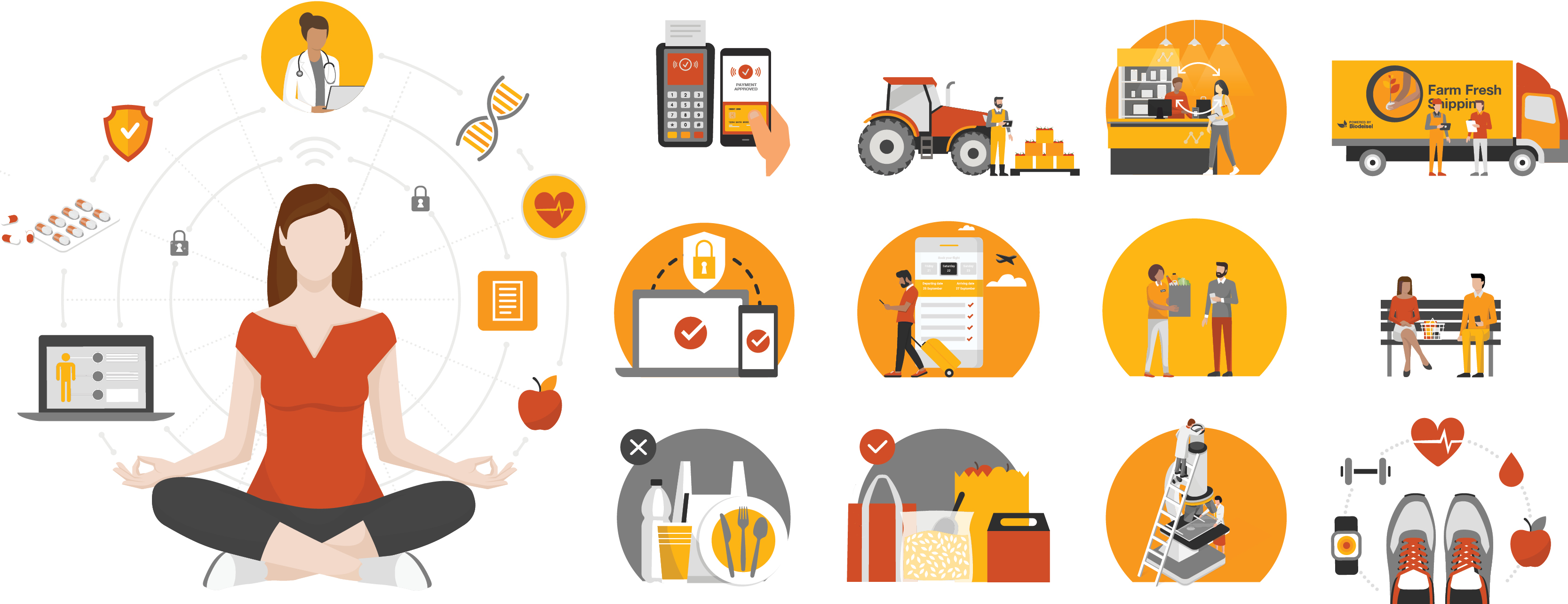 Representational illustration library — adapted stock vectors in brand palette