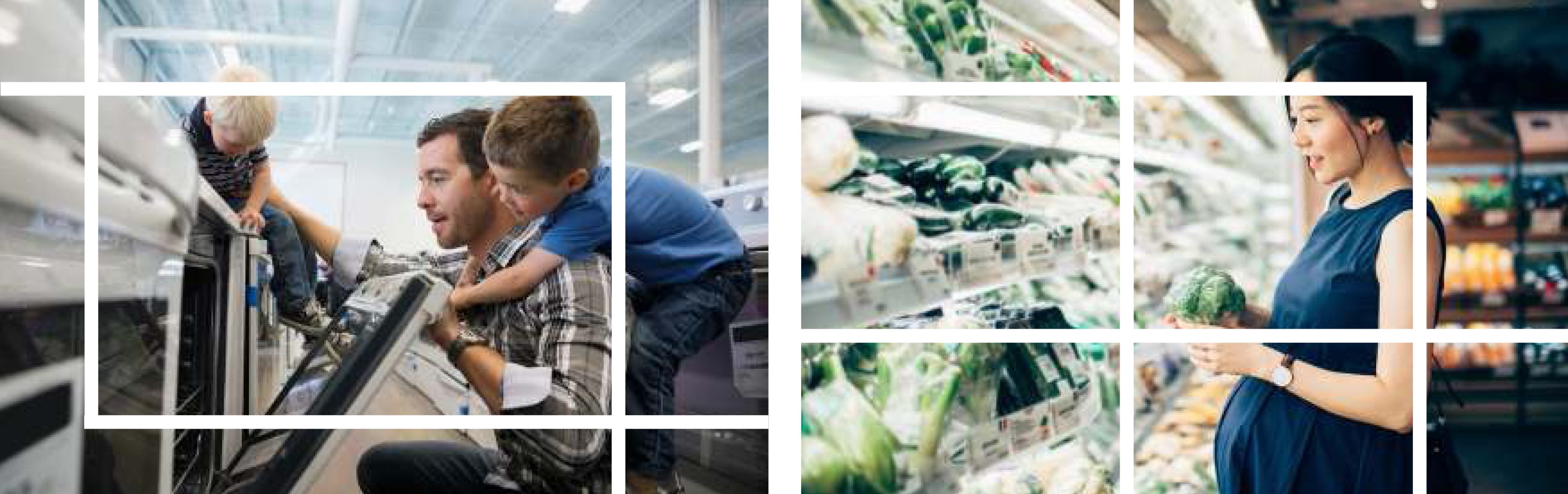 Campaign photography — customer and employee experience moments with custom linework overlays
